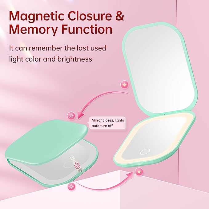 Benbilry Lighted Compact Travel Mirror with 3 Color Lights, 1X/3X Magnifying Ultra Slim Rechargeable Pocket Mirror for Purse, 2-Sided, Handheld, Folding, Portable, Green
