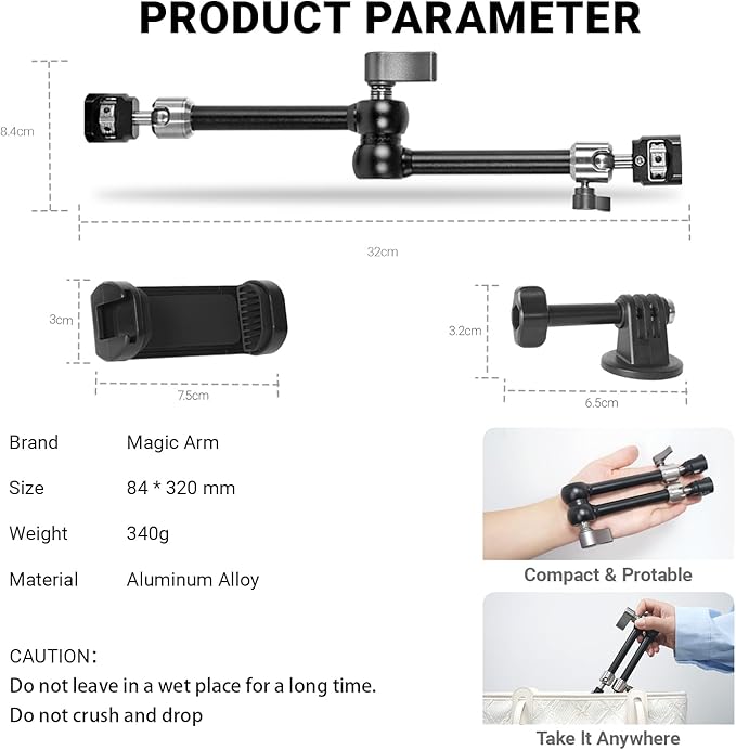 Heavy-Duty Articulating Magic Arm Mount with Super Clamp, 360° Dual Ball Head & 1/4" ARRI Locating Pin&Holes, Camera Monitor Mount for Action Camera Video LED Light (11" Magic Arm)