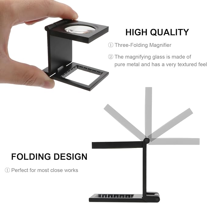 Rongon Magnifying Glass 10X Small Loupe Magnifier 4Pcs Folding Magnifiers Glass Zinc Alloy Loupes Desktop Portable Metal Reading Magnifier Lens with Scale Optical Lens for Textile Jewelry Coins