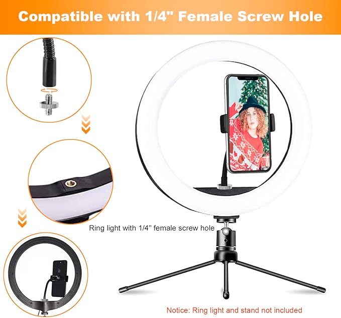 Ring Light Phone Holder Universal Phone Holder for Ring Light with 1/4 and Hot Shoe Adapter, Flexible Phone Mount for RingLight and Tripod Stand