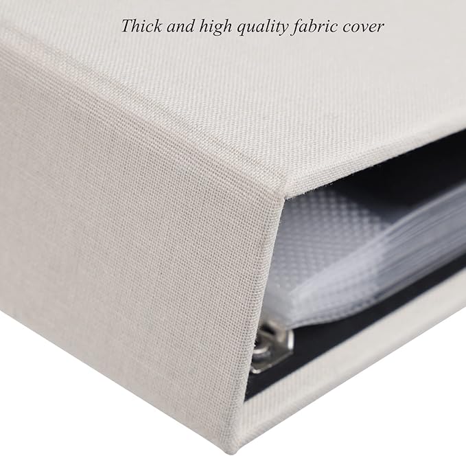 1DOT2 10x10 Inch 3 Ring DIY Scrapbook Photo Album Journal with 30 Plastic Sleeves 60 Pages and Fabric Cover for Baby Travel Wedding Couple Anniversary kids Adventure (Beige Cover/Black Pages)