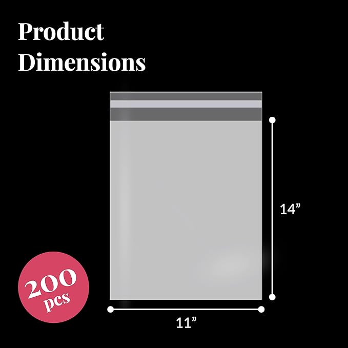 Prestee Self Sealing Cellophane Bags 11x14 Inches - 200 Pack Clear Poly Bags for Shirts, Treats, and Gifts - Self-Sealing and Twist-Tie Closure - 100% Polypropylene - Food-Friendly Cello Bags