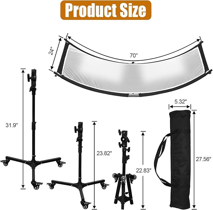 Clamshell Light Reflector Diffuser with Rolling Stand and Carrying Bag, 70"x24"/180x60cm Arclight Curved Lighting Reflector for Photo Studio Photography with White/Gold/Silver/Black Colors by MCCKLE