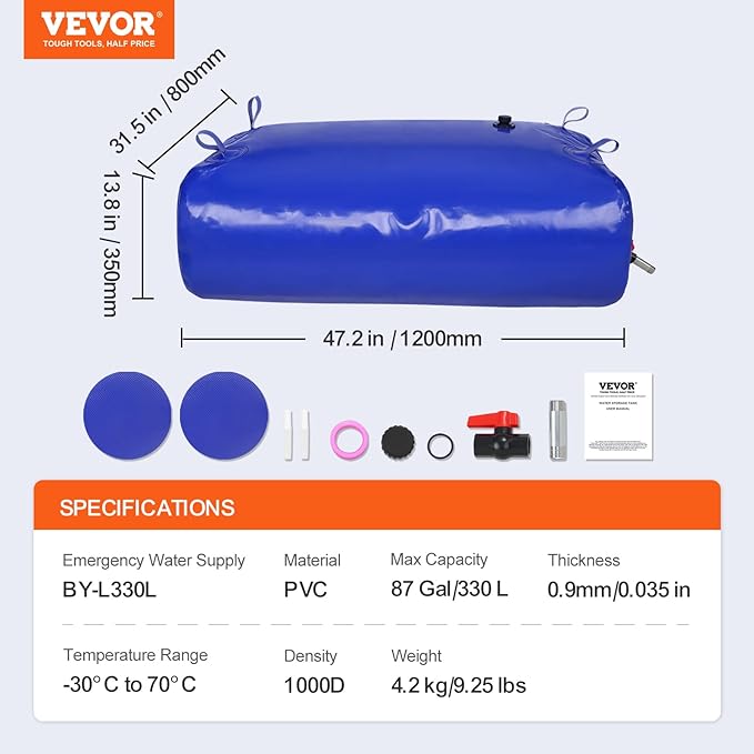 VEVOR 330L/87.17 Gallon Water Storage Bladder, RV Water Tank, 1000D Blue PVC Collapsible Water Storage Containers, Large Capacity Soft Water Bag, Portable Water Bladder, Fire Prevention, Camping