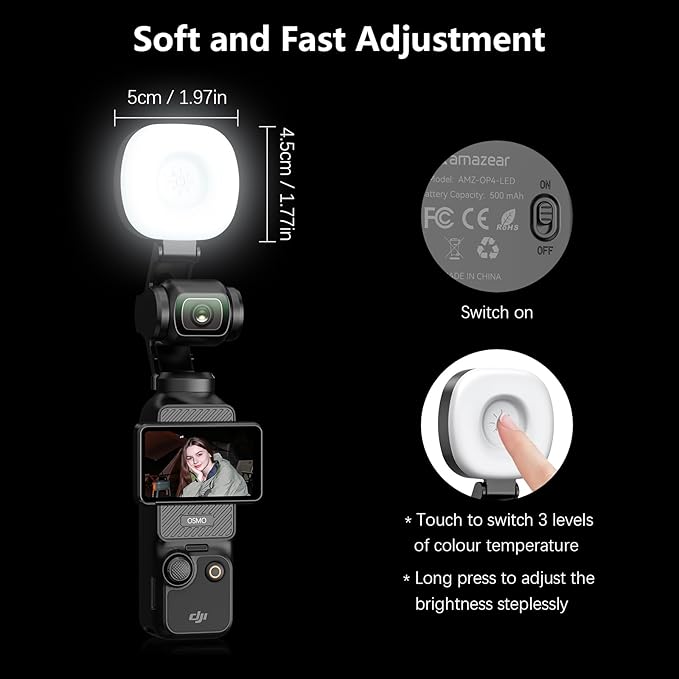 AMAZEAR LED Light for DJI OSMO Pocket 3 Accessories, Auto-Follow Gimbal Selfie Vlog Video Auxiliary Fill Lighting, CRI≥95, 3-Color Temp 2500-5600K Brightness Adjustable, 500mAh 1.6W USB-C