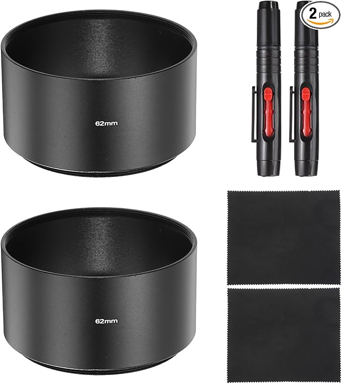PATIKIL 2 Pcs Lens Hood Shade, 62mm Long-Focus Mount Standard Screw-in Metal Camera Cap Shade with Cleaning Cloth and Cleaning Pen, Black