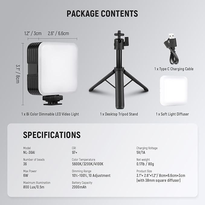 NEEWER LED Camera Video Light with Desk Tripod Stand, Portable Bi Color 3200K-5600K Dimmable Small Panel Lighting, CRI 97+ 8 Scenes 2000mAh Rechargeable Battery for Vlog Recording Photography, NL-36AI