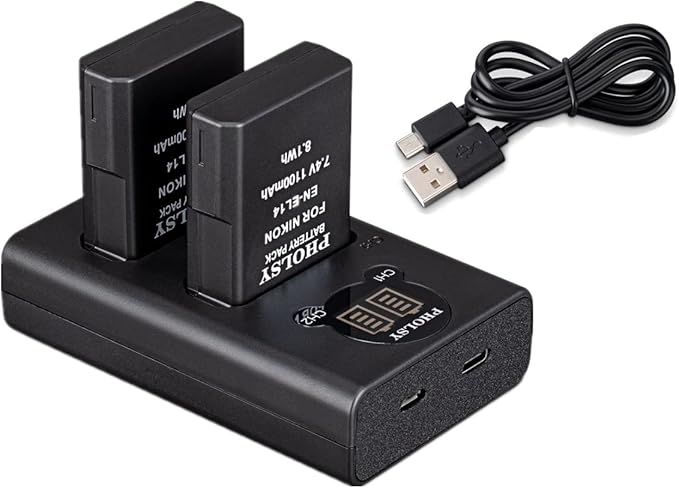 PHOLSY 2 EN-EL14 / EN-EL14a Batteries Camera Battery Charger MH-24 Rapid Dual USB Charger Compatible with Nikon P7800 P7700 P7100 P7000 D5600 D5500 D5300 D5200 D5100 D3500 D3400 D3300 D3200 D3100 Df