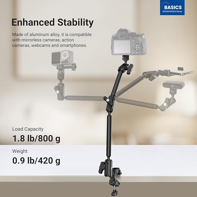 NEEWER Basics Magic Arm Desk Mount, 22" Overhead Mic Stand Boom Arm Desktop Phone Holder with 1/4" 3/8" Threads for ARRI, for DSLR Action Camera Webcam Microphone LED Light for Video Recording, UA061