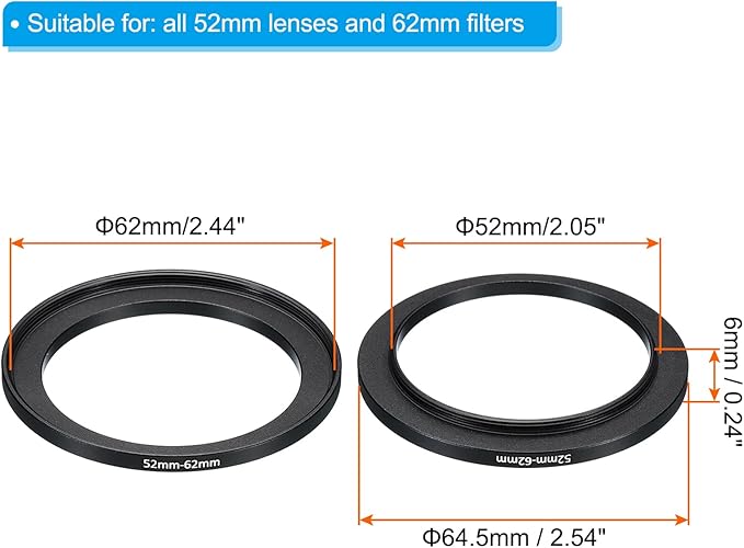 PATIKIL 52mm-62mm Metal Step Up Ring, 2 Pack Camera Lens Filter Adapter Ring Aluminum Filter Adapter Ring for Camera Lenses Hood, Black