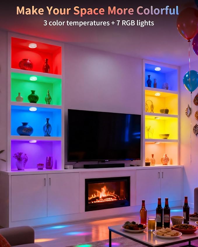 6-Pack Puck Lights with Remote, 1800mAh Rechargeable Under Cabinet Lighting, 3 Color Temps & 7 RGB Colors, Long-Lasting Dimmable Stick-On Lights for Cabinet, Kitchen, Shelf, Party