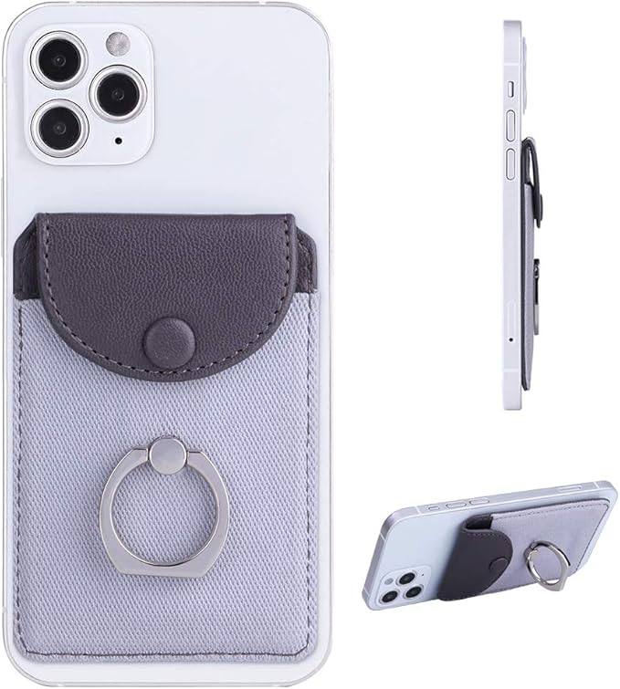 Credit Card Holder for Back of Phone with Ring Stand Stick on Phone Wallet,Ultra-Slim Self Adhesive,RFID Blocking Ring Pocket Wallet Stick on Most Smartphones(Finger Ring Gray)