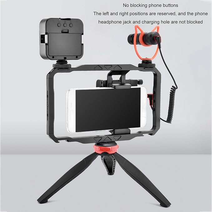 Universal Phone Cage, Aviation Aluminum Phone Video Rig with 12x 1/4 Threaded Holes 4X Cold Shoe Openings, Dual Handle Power Bank Stand, for Pixel 5580mm Width