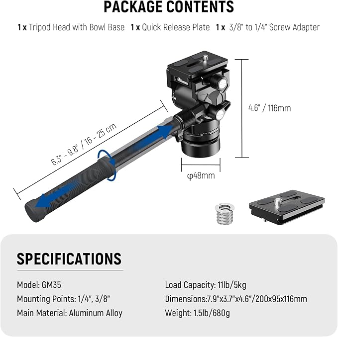 NEEWER Tripod Fluid Head with +/-7° Leveling Base (φ48mm), Metal Mini Pan Tilt Video Head Mount with Arca Type QR Plate, Telescopic Handle for Compact Video Camera DSLR Camera, Max Load 11lb/5kg, GM35