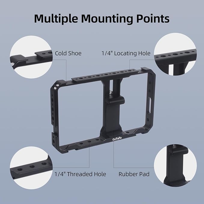Universal Phone Cage, Aluminum Smartphone Video Cage Grip with Cold Shoe & 1/4 Inch Thread Mount for Videomaker, Filmmaker, TikToker and Youtuber-PC01