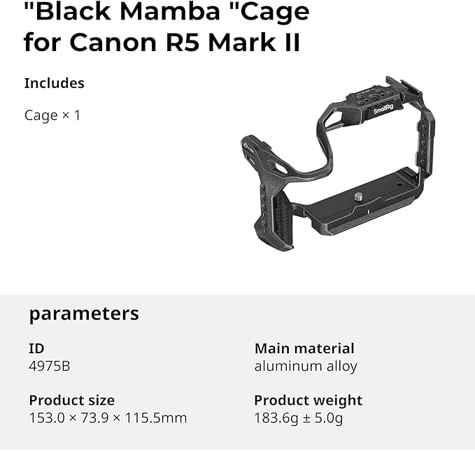 SMALLRIG Black Mamba Camera Cage for Canon R5 Mark II, Aluminum Alloy Camera Rig with Cold Shoe, 1/4''-20 & 3/8''-16 Threaded Holes, Built-in Quick Release Plate for Arca-Type - 4975