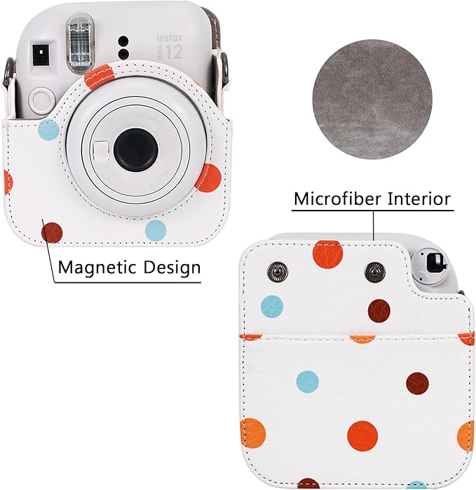 Frankmate Protective Case Compatible with Mini 12 Instant Film Camera with Accessory Pocket and Adjustable Strap (Polka Dots)