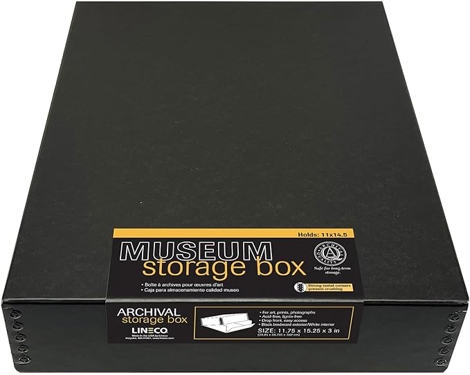 Lineco Archival 11 x 14 x 3 inches Museum Archival Storage Box, Drop Front Design, Acid-Free with Metal Edge. Preserves Photos Documents, Black