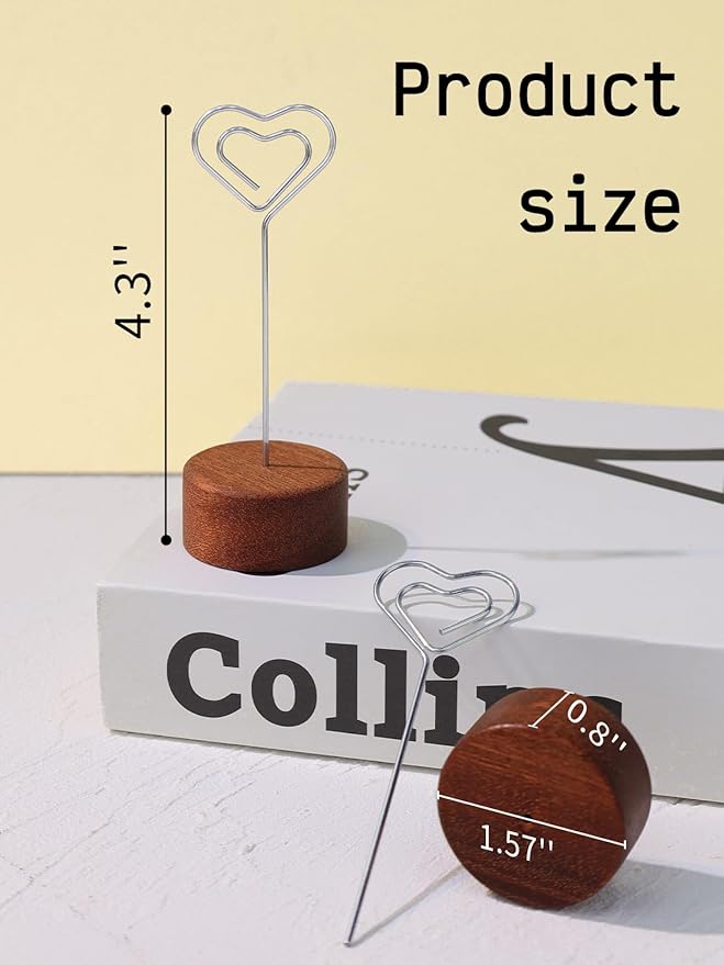 6Pack Wood Table Number Holders with Metal Clip, 4.3" Tall Place Card/Name Sign Holder, Memo Card Photo Picture Note Clip Stands for Party Restaurant (Silver Heart)