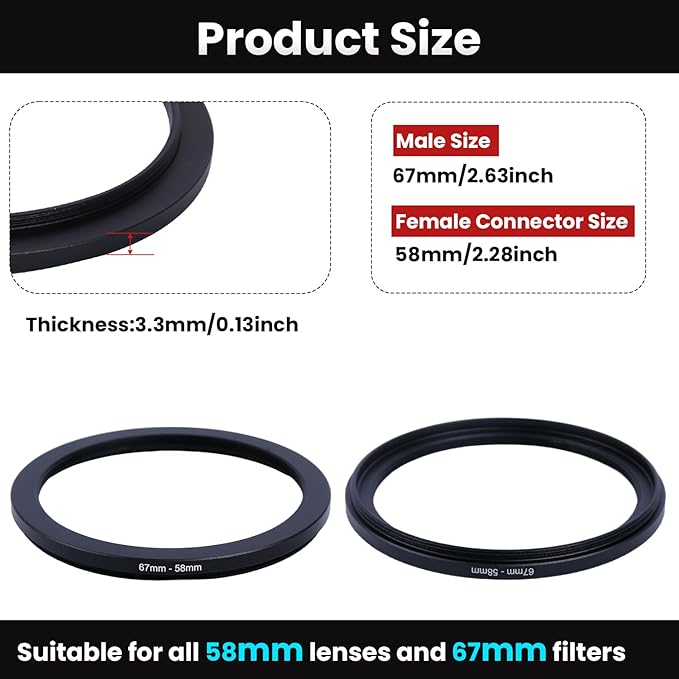 Metal Step Down Ring Filter Adapter - 67mm to 58mm - Metal Ring Step Down Rings Adapter Filter Compatible with All 58mm UV, CPL, ND, Lens Hood, Threaded Lens ect