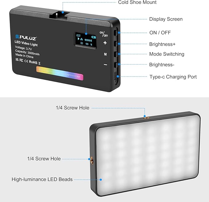 PULUZ 140 RGB Video Lights,Portable LED Camera Light Panel 0-360 Full Color with 1/4 Cold Shoe,CRI 95+ 2500-9000K LED 3000mAh Rechargeable DSLR Lighting for Photography,Video Conference,Vlogging