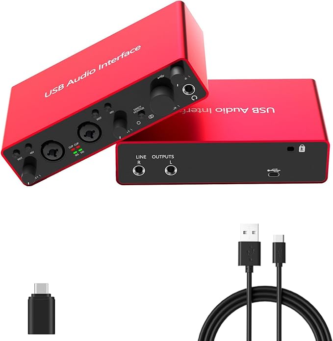 USB Audio Interface, 24Bit/192kHz Studio Recording, 48V Phantom Power, Zero-Latency Monitoring – Compatible with Mac/PC, DAWs, Ideal for Music Production, Podcasting & Voice Over