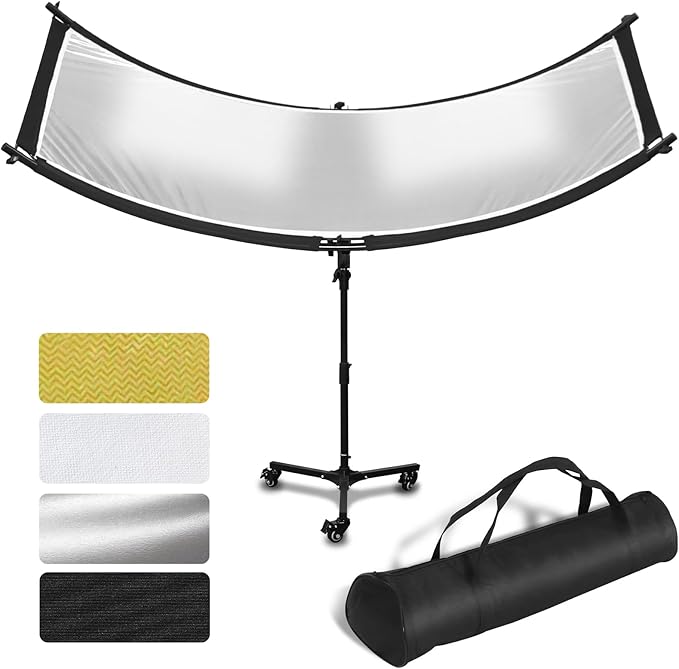 Clamshell Light Reflector Diffuser with Rolling Stand and Carrying Bag, 70"x24"/180x60cm Arclight Curved Lighting Reflector for Photo Studio Photography with White/Gold/Silver/Black Colors by MCCKLE