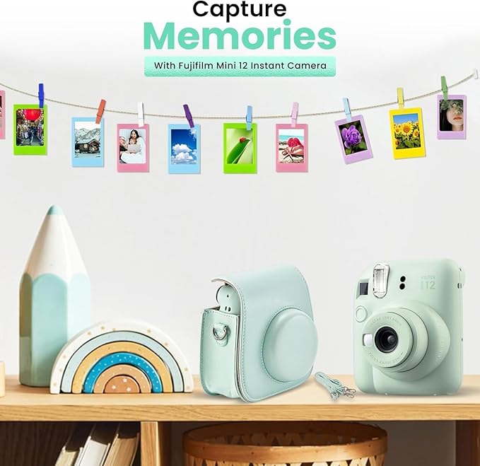 Fujifilm Instant Mini 12 Camera + Accessory Bundle & Custom Case + Fuji Instant (20 Shots) Designer Mini Photo Album (60 Pockets) (Mint Green)