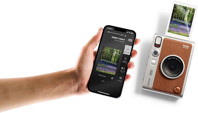 FUJIFILM INSTAX Mini EVO Hybrid Instant Camera Brown + Fuji Instax Film 20 Sheet + Custom Case & Album 32GB Micro SD Memory Card Accessory Bundle