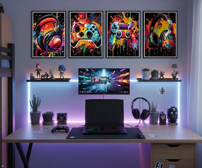 Zhfmoir Gaming Posters Wall Art Set of 6, Colorful Game Controller Prints Video Game Wall Decor for Boys Teens Gamer Room Bedroom Playroom Decorations 8x10 Inch Unframed