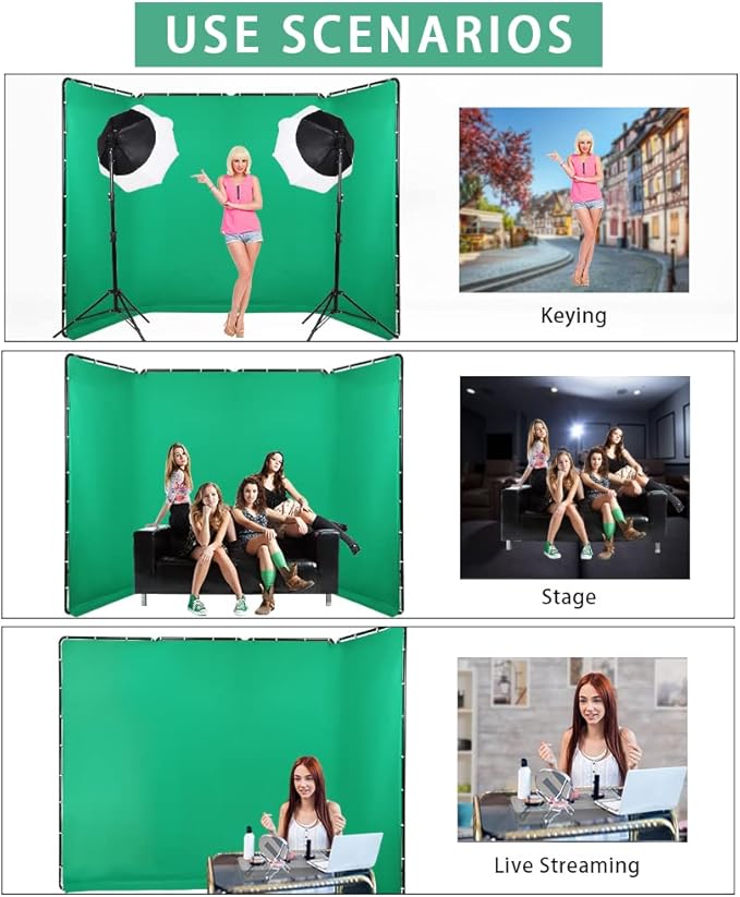 7.87ft x 13.12ft Portable Large Chromakey Green Screen Backdrop with Stand Photography Background Support System for Photo Studio Video Shooting, Live Streaming, Parties, Keying, Stage