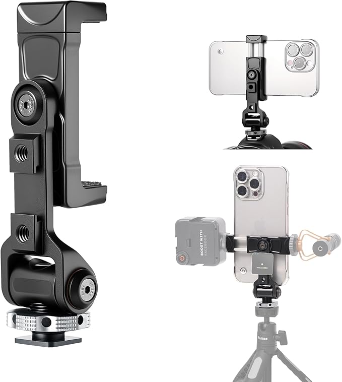 Metal Phone Tripod Mount Adapter with Cold Shoe, 360° Swivel 180° Tilt, Phone Holder Clamp Compatible with iPhone 16, 15 Pro Max Galaxy S24, etc. Free Adjustment Joints