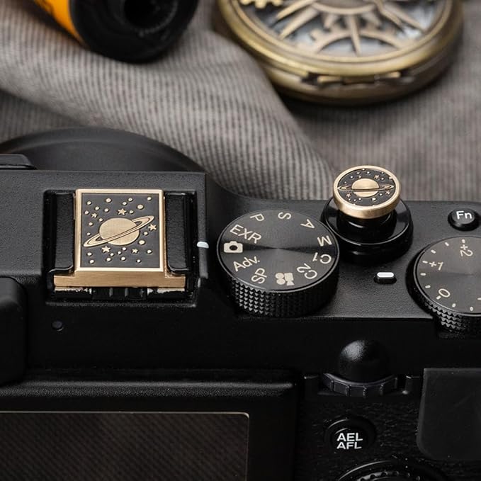 DBZZ Camera Metal Hot Shoe Cover Shutter Buttons Set for Nikon z30/z50/d810/d610 for Fujifilm X100VI X-T30 X-Pro3 X-Pro2 X-E4(Brass Universe Set)