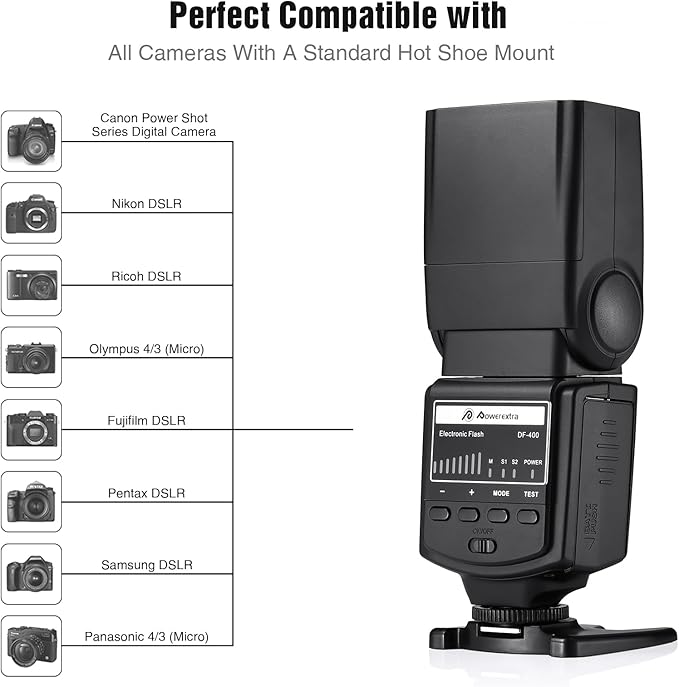 Powerextra Professional DF-400 Speedlite Camera Flash for Canon Nikon Pentax Samsung Fujifilm Olympus Panasonic Sigma Minolta Leica Ricoh DSLR Cameras and Digital Cameras with Single-Contact Hotshoe