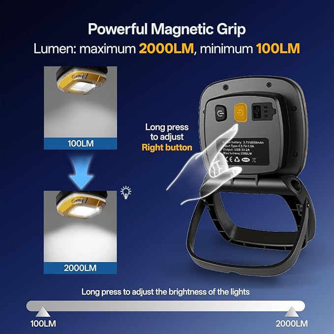 Magnetic Work Light, 10,000 mAh Rechargeable LED Portable Lamp, 2,000 Lumen Floodlight, 9 Light Modes with 1/4" Threaded Port for Machinist Auto Underhood Outdoor Camping