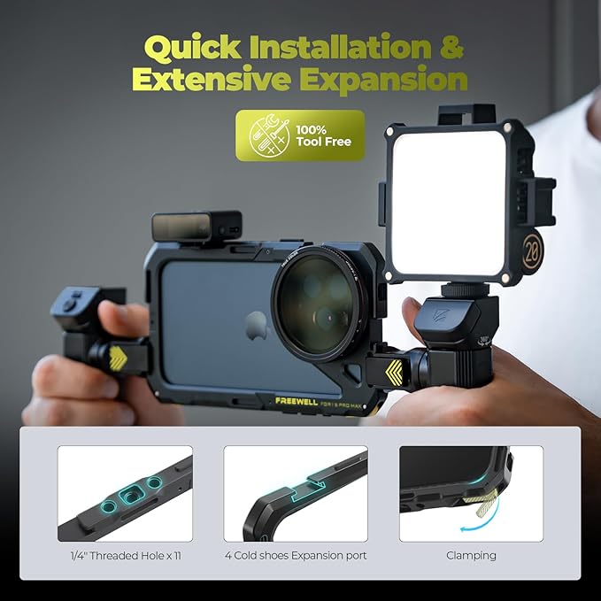 Freewell Genius Rig Cage for iPhone 17 Pro Max - Tool-Free Setup, Multifunctional Tripod and Monopod Handles, Bluetooth Remote