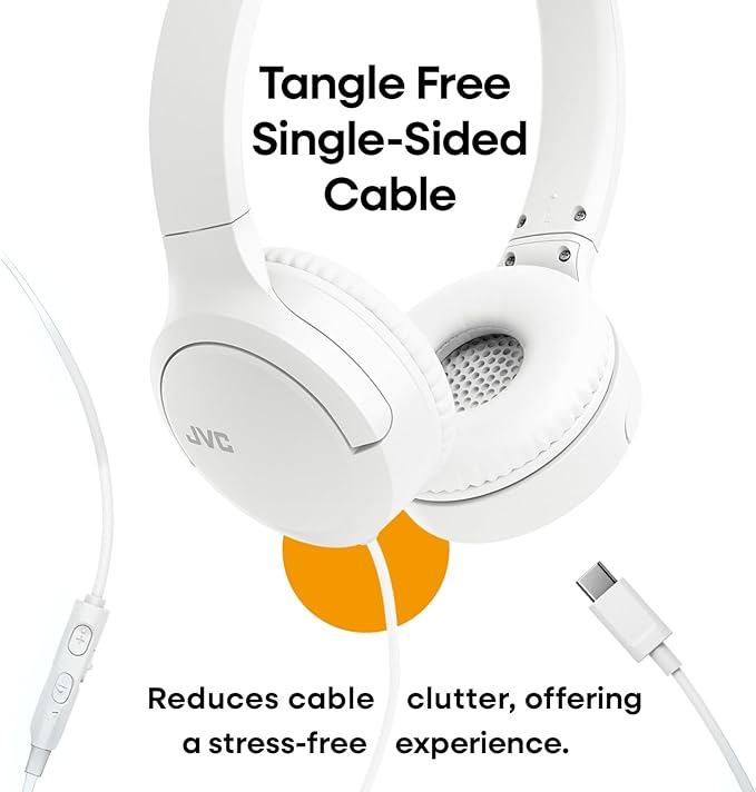 JVC USB-C Wired On-Ear Headphones with Mic – Comfortable All-Day Wear, Clear Calls, Rich Sound – Foldable & Lightweight – Tangle-Free Single-Sided Cable – Great for Gaming & Work from Home