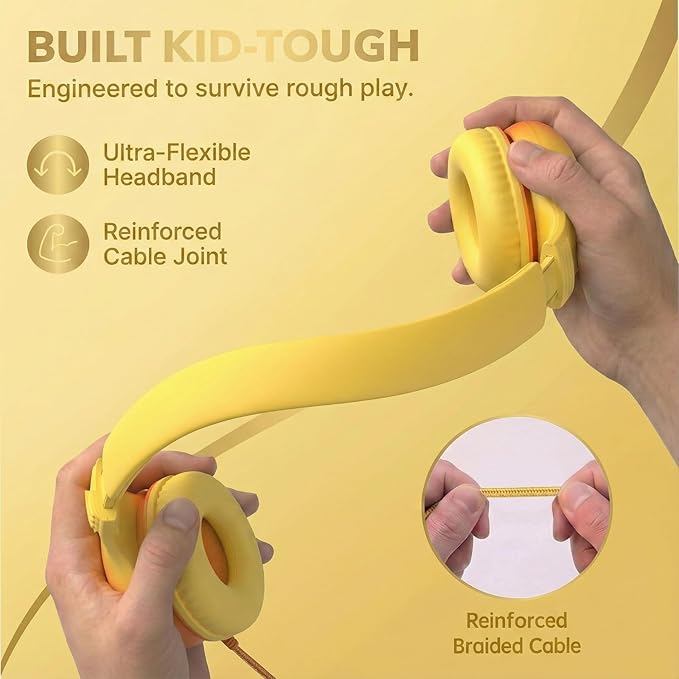 Wired Kids Headphones with USB C Plug, 85dB Safe Volume, Adjustable Headband, Tangle-Free Cord Headphones for School, Tablet, Travel (Yellow & Orange, Without Microphone)