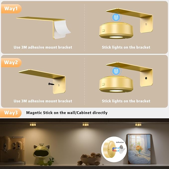 6PCS Picture Lights,3 Colors Paintings Light Rechargeable Battery Wall Light Dimmable and Timer Metal Art Light for Paintings,Display, Wall, Artwork, Gallery (Gold)