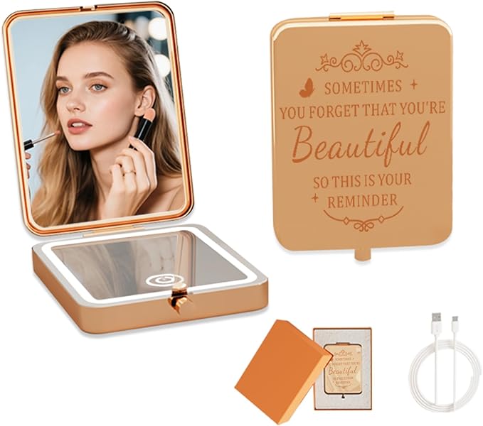 Mini Pocket Mirror,Rechargeable Dimmable 3 Color Lighting 1X/3X Magnification LED Compact Makeup Mirror for Travel, Purse, Portable Folding Handheld,Small Lighted Mirrors for Women Gift (Beautiful)