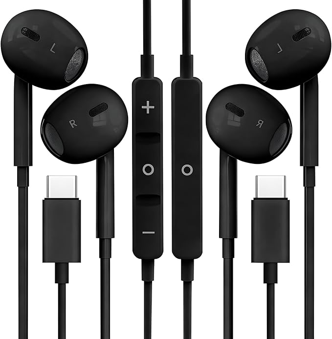 2 Packs USB C Headphones for iPhone 16/15 Phone Earbuds with Microphone & Volume Control HiFi Stereo Type C Earphones for Galaxy S23/S22/S21/S20/Ultra Note 10/20, for Pixel 7/6/6a/5/4,for OnePlus 9 8