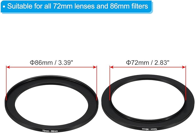 PATIKIL 72mm-86mm Metal Step Up Ring with Cleaning Cloth, 2 Pack Camera Lens Filter Adapter Ring Aluminum Filter Adapter Ring for Camera Lenses Hood, Black