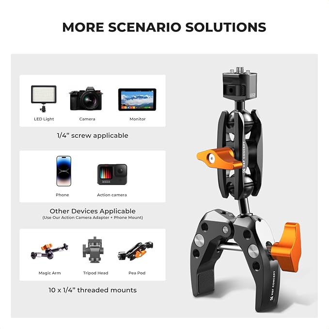 K&F CONCEPT Super Clamp Mount Magic Arm with Two 360° Ball Heads, Magnetic Metal Phone Mount with Cold Shoe Mount