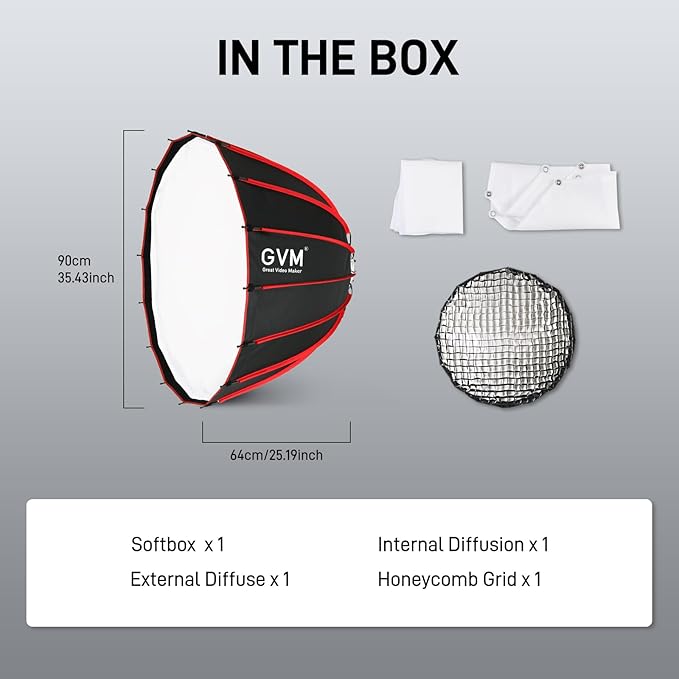 GVM YG90SP 36"/90cm Parabolic Softbox Quick Set up Quick Folding, with Diffusers/Honeycomb Grid, Compatible with GVM 200B 300B 500B 650B and Other Bowens Mount Light for Recording, Portraits
