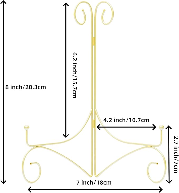 HEMYLU Plate Display Stands with Hinged Folding Design, 8 Inch Picture Frame Stand for Tables, Decorative Easels for Plates, Photos, Cards and Books, 8’’ Gold, 2-Pack