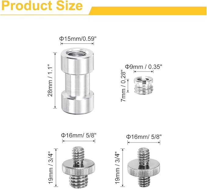 MECCANIXITY Camera Screw Mount Set, 1/4 Inch Double End Screw, 1/4 to 3/8 Inch Double End Screw, Female Screw for Camera, Tripod Screw Adapter, Monopod, Flash Light