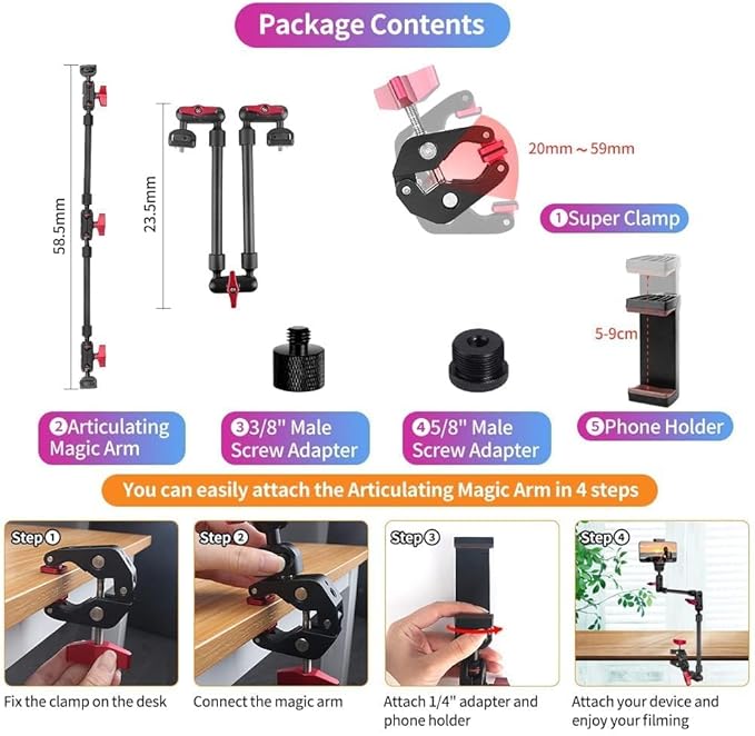 22" Magic Arm Camera Mount, Articulating Arm Tripod Clamp w Thread Adapter, Friction Camera Boom Arm, Overhead Desk Mount Clamp Stand for Phone, Webcam, Mic, Video Rig, Tripod Light