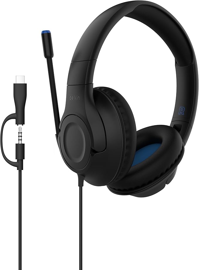 Belkin SoundForm Inspire Wired Over-Ear Headset for Kids, Online Learning & Travel w/Built-in Boom Mic, 85dB Safe Volume Limit - USB-C & 3.5mm - Compatible w/iPhone, iPad, Galaxy & More - Black