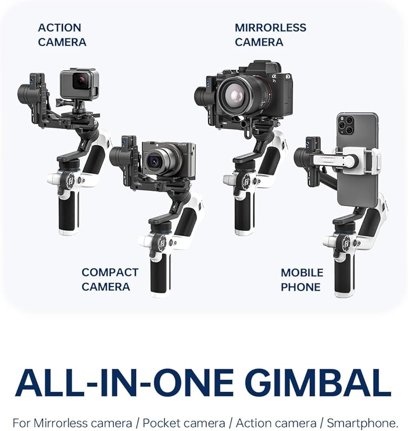 FeiyuTech SCORP Mini 2 [White] All-in-One 3-Axis Mirorrless Gimbal Camera Stabilizer for Sony A7III Canon R6 Nikon Z30 Fujifilm GoPro11/12 iPhone 16 15 14,Samsung, AI Tracker,Max 2.65lb