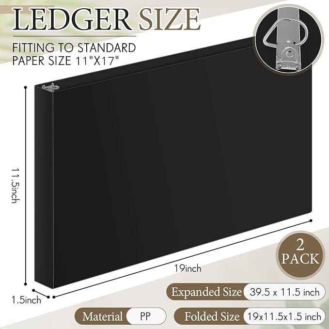 Humyoun 2 Pcs 11 x 17 Inch 3 Ring Binders 1 Inch Rings Heavy Duty View D Ring Binders Economy Holds 11" x 17" Paper for Artwork Blueprints, Office, Home, Work Places (Black)